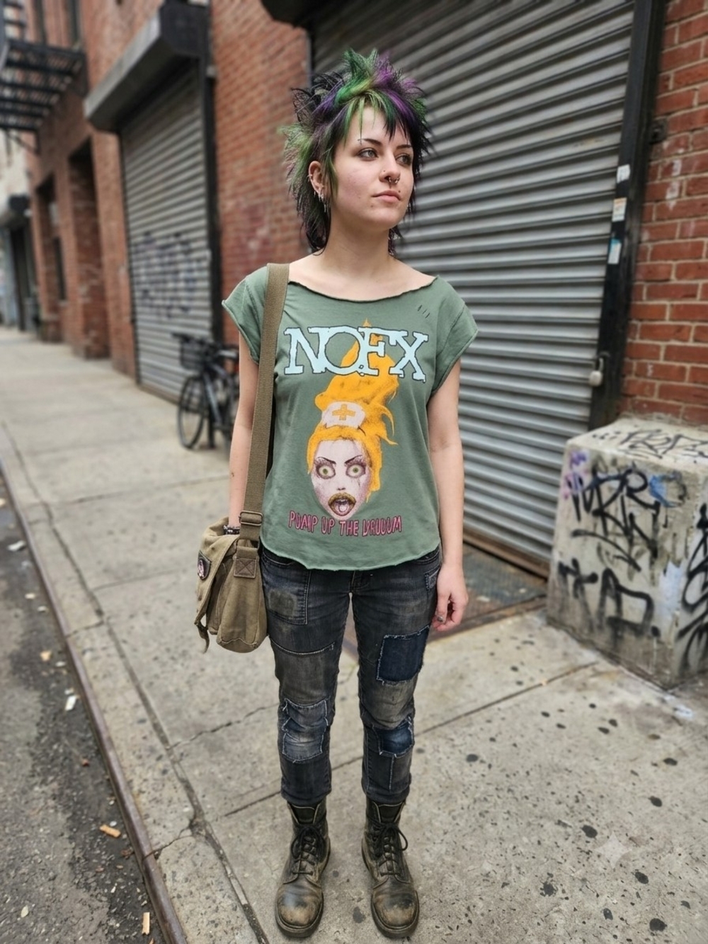 NOFX Women's Olive Green   Graphic Distressed Concert Tee - Sz S